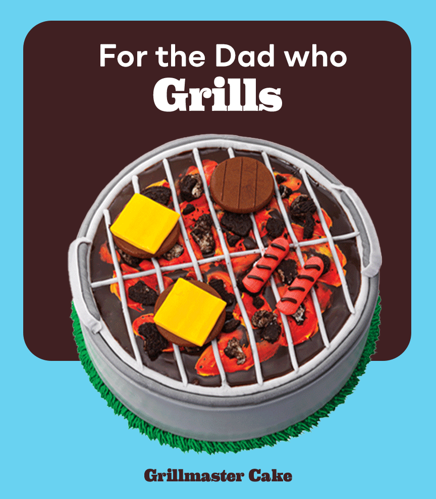 Gif cycling through Father’s Day Cakes – Grillmaster Cake “For the dad who grills”, Best Dad by Par Cake “For the dad who golfs” and “The Cold One Cake “For the dad who kicks back''
