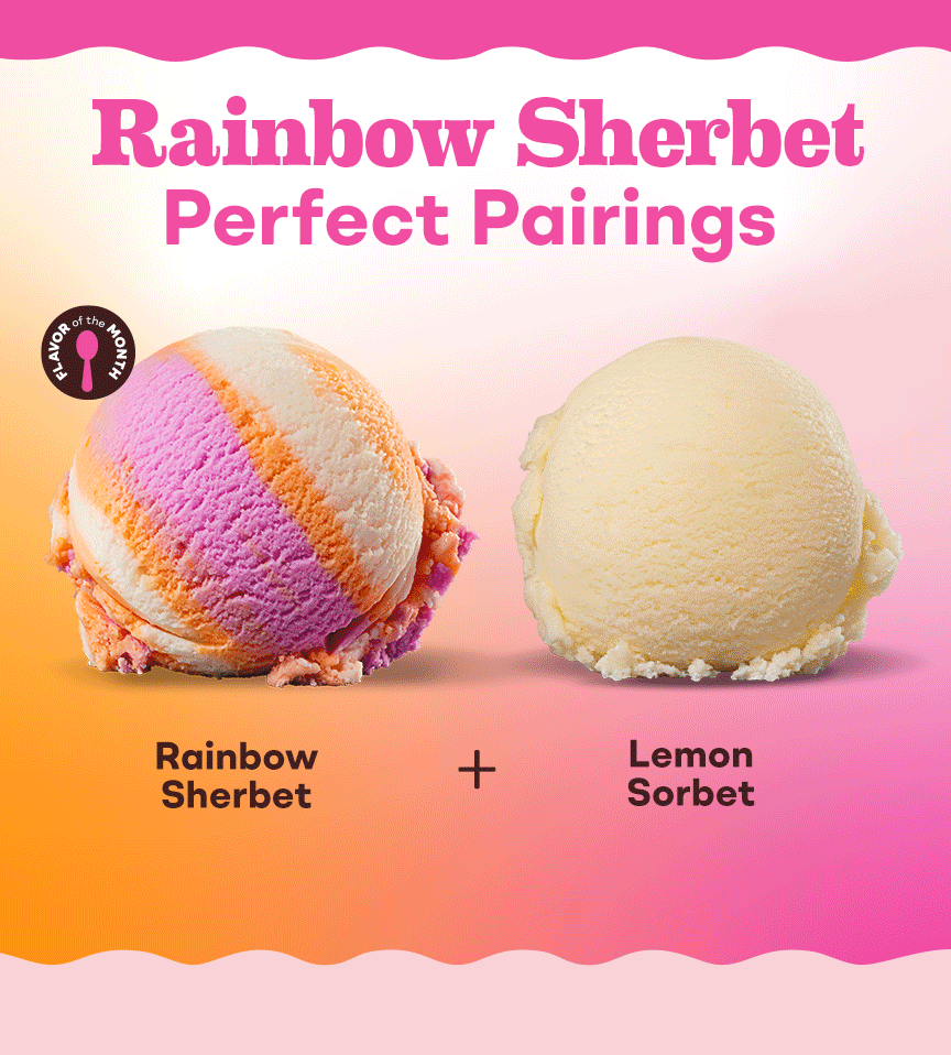 Scoops: of Rainbow Sherbet, Lemon Sorbet, Triple Mango, and Wild 'n Reckless. Text: Rainbow Sherbet Perfect Pairings